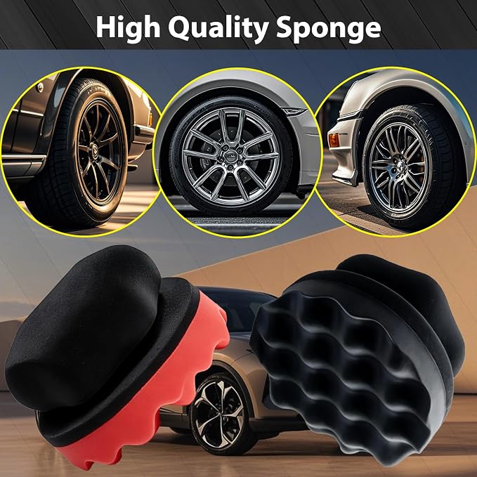Tire Shine Applicator Pads, 4 Pcs Tire Dressing Applicator, Reusable Tire Shine Sponge Wave Contoured for Car Detailing, 4.33 inch (2 Red & 2 Black)