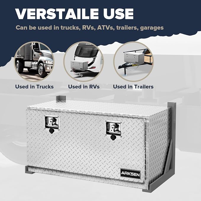 ARKSEN 36 x 17 x 18 Inch Underbody Tool Box, Heavy Duty Aluminum Diamond Plate Waterproof Square Storage Organizer Chest with T-Handle Lock & Keys for Pickup Truck, RV & Trailer – Silver