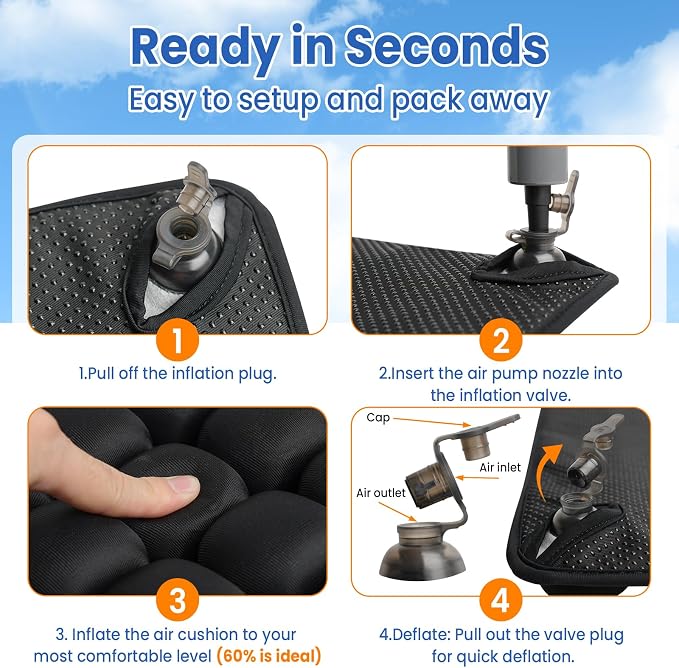 JUMPOW Inflatable Seat Cushion for Travel & Office Chairs, Pressure Relief Air Travel Cushion with Pump for Long Sitting, Car Seats, Airplane Travel Seat Cushion, Portable & Comfortable