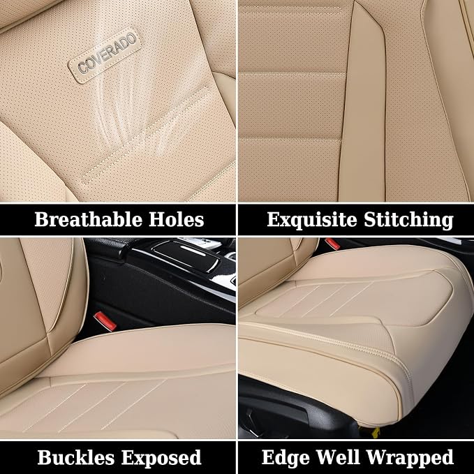 Coverado Front and Back Seat Covers for Cars, Nappa Leather Car Seat Covers, Automotive Seat Covers for Trucks, 5 Seats Waterproof Carseat Protector Car Seat Cover Beige, Universal Fit for Most Cars