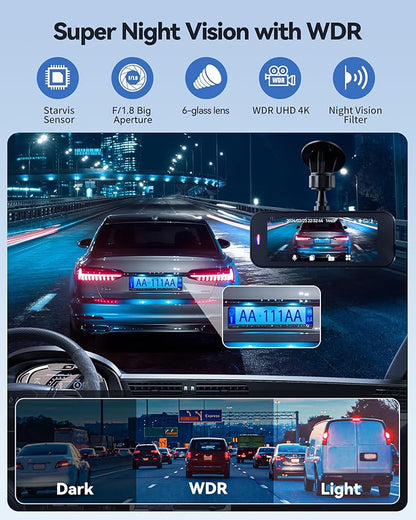 Dash Camera for Cars, 4K Dash Cam Front and Rear with 5G WiFi, Free Card Included, Loop Recording, Night Vision, 170°Wide Angle, G-Sensor, 24H Parking Mode