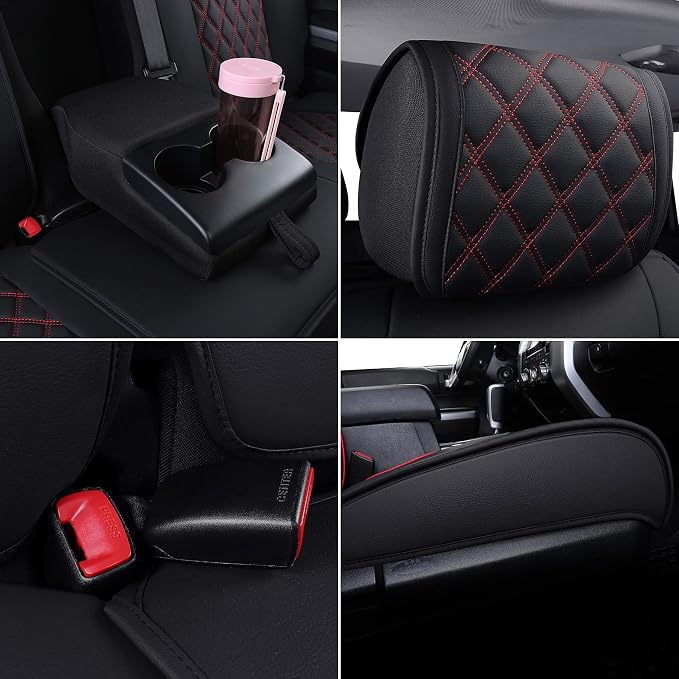 YIERTAI Trucks Seat Covers Compatible with 2008-2023 2024 2025 2026 Toyota Tundra SR5 Crewmax Double Cab Crew Extended Cab Pickup Waterproof Leather Seat Protectors(5 PCS Full Set/Black-Red)