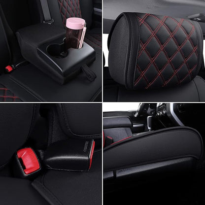 YIERTAI Trucks Seat Covers Compatible with 2008-2023 2024 2025 2026 Toyota Tundra SR5 Crewmax Double Cab Crew Extended Cab Pickup Waterproof Leather Seat Protectors(5 PCS Full Set/Black-Red)