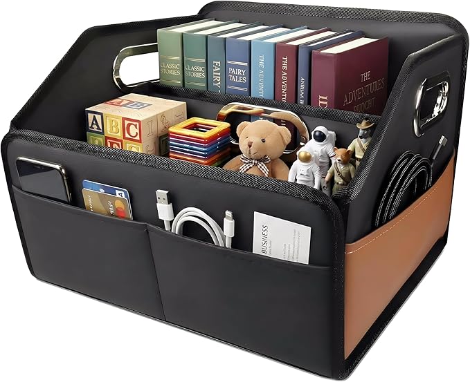 Noaman Car Organizer - 2025 Upgraded Leather Car Storage Organizer for Front Back Seat or Floor with 3 Metal Handles 6 Apartments, Multipurpose Car Organizers and Storage Black.