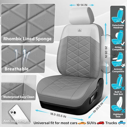 CAR PASS Memory Foam Leather Seat Covers Full Set, Breathable Perforated Nappa Leather Seat Covers Universal Fit for Most Cars,Sedans,SUV,Trucks Thick 3D Foam Comfortable, Airbag Compatible Gray White