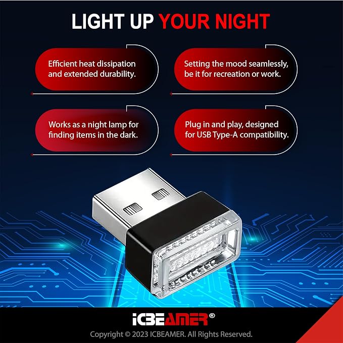 ICBEAMER USB Type-A LED Night Light 2-Pack (White) | Plug-in Universal Fit Automotive Accessory for Car Interior and Trunk Ambient Atmosphere Lighting