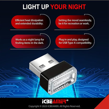 ICBEAMER USB Type-A LED Night Light 2-Pack (White) | Plug-in Universal Fit Automotive Accessory for Car Interior and Trunk Ambient Atmosphere Lighting