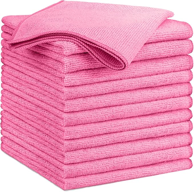 GLIMGLINT Pink Microfiber Cleaning Cloth,12PK Reusable Cleaning Rags, Highly Absorbent Shop Rags Bulk, All-Purpose Car Cleaning Towels for TV Screen, Kitchen, Bathroom, Restaurant Garage, 14"X12"