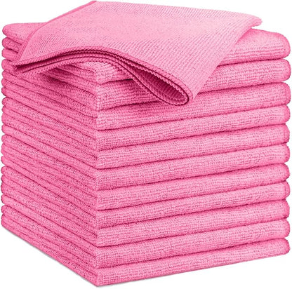 GLIMGLINT Pink Microfiber Cleaning Cloth,12PK Reusable Cleaning Rags, Highly Absorbent Shop Rags Bulk, All-Purpose Car Cleaning Towels for TV Screen, Kitchen, Bathroom, Restaurant Garage, 14"X12"