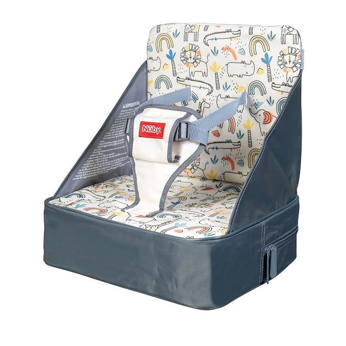 Nuby Easy Go Booster Seat for Kitchen Chair - Travel Booster Seat for Babies and Toddlers with 3-Point Harness - 9+ Months - Beige Safari Print