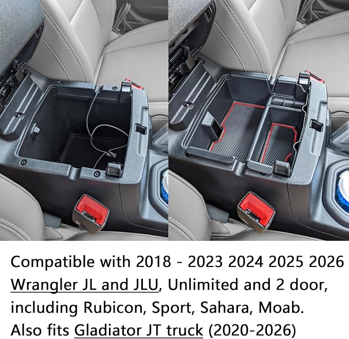 EDBETOS Center Console Organizer Tray Compatible with Jeep Wrangler JL/JLU 2018-2023 2024 2025 2026 and Gladiator JT Truck 2020-2026 Insert Accessories - Won't Covers The Light Inside (Red Trim)