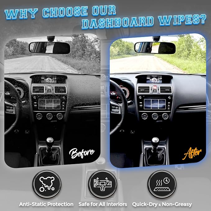 Car Wash Wipes with Refreshing Lemon Scent, Pack of 100 Individually Wrapped Wipes, Dashboard Car Accessories Travel Essentials