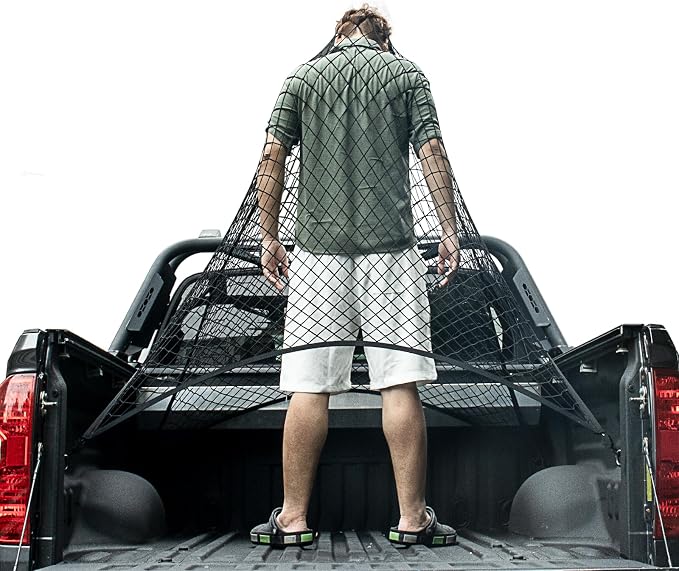 Cargo Net for Pickup Truck Bed, Trucks Cargo Net Mesh Organizer, 4'x4' Stretch to 7'x7' Highly Elastic Truck Bed Net for Camping, Trip Luggage, Compatible with Trailer, Ford, Chevrolet, Dodge