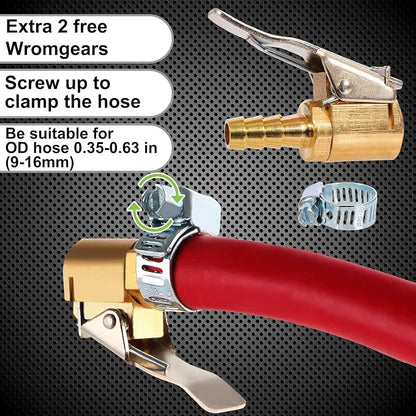 Toolwiz Lock on Air Chuck Inflate Locking with Clip, 1/4 Inch Brass Portable Tire Inflator Nozzle Presta Valve Adapter Tire Chucks Air Compressor Attatchments Hose End with Barb Connector,2pcs