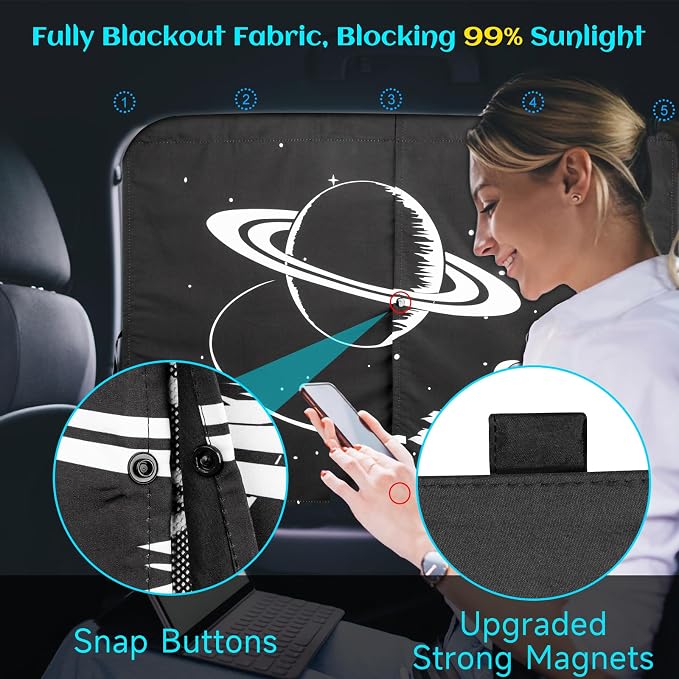 Magnetic Car Window Shades, 2 Packs Car Sun Shades for Baby, 2 Layers for Blackout/See Through Options Space Pattern Side Window Curtain for Kids Heat/UV Blocker