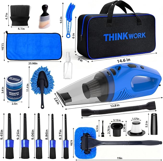 THINKWORK Car Cleaning Kit Car Detailing Kit,Car Cleaning Kit Interior Cleaner with High Power Blue Handheld Vacuum Cleaner,Brush Sets,Windshield Cleaner and Storage Bag,Car Accessories,Car Gift Set