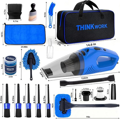 THINKWORK Car Cleaning Kit Car Detailing Kit,Car Cleaning Kit Interior Cleaner with High Power Blue Handheld Vacuum Cleaner,Brush Sets,Windshield Cleaner and Storage Bag,Car Accessories,Car Gift Set
