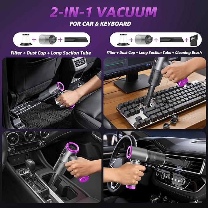 Car Vacuum 3 in 1 High Power Cordless Mini Vacuum Cleaner& Air Blower, 25000PA Suction 250000RPM Air Duster, 6000mAh Portable Handheld Small Vacuum Cleaner for Car Home Office