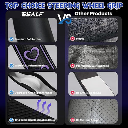 Ventilated Heart-Shaped Steering Wheel Cover with Anti-Slip Leather Grip. Compatible with Ford, Toyota, Honda, Nissan, and Chevrolet Vehicles for 14.5-15.2 inch Round Steering Wheels.