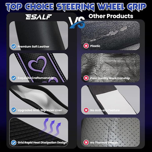 Ventilated Heart-Shaped Steering Wheel Cover with Anti-Slip Leather Grip. Compatible with Ford, Toyota, Honda, Nissan, and Chevrolet Vehicles for 14.5-15.2 inch Round Steering Wheels.