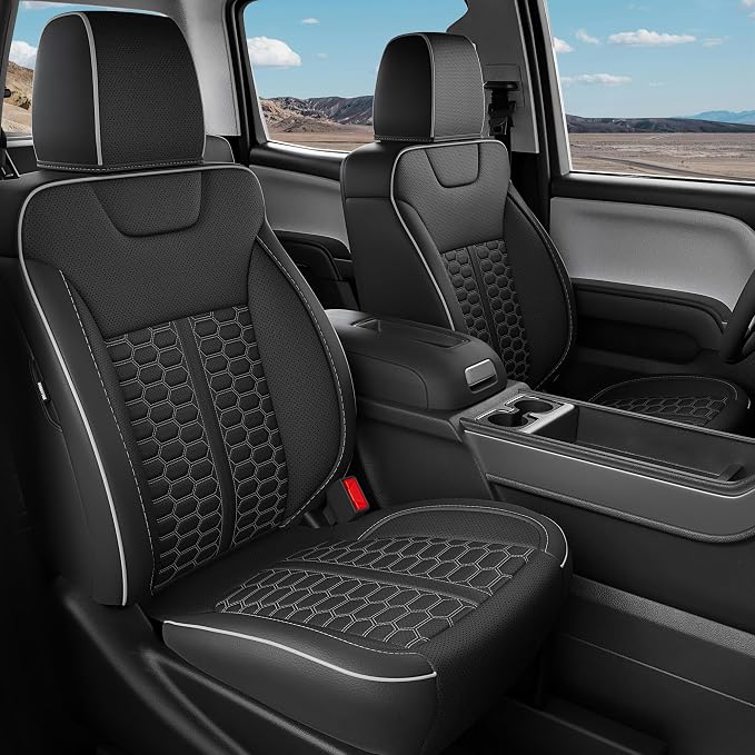 Custom Leather Seat Covers for Silverado/Sierra 1500 2014-2018, 2500HD 3500HD 2015-2019 Crew Cab Full Set with Jump Seat Cover (Armrest Storage Version Only),Truck Accessories