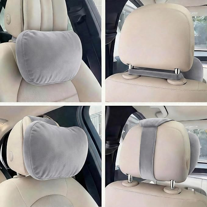2PCS Car Pillow for Car Neck Pillow for Driving Seat Neck Support Soft Cushion Back Support Head-Rests for Vehicle Sleeping with Elastic Adjustment Strap (Grey, Head)