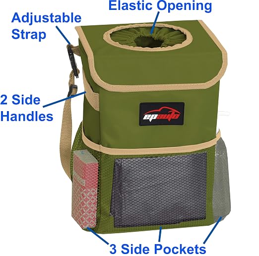 EPAuto Waterproof Car Trash Can with Lid and Storage Pockets, 2.5 Gallon Leakproof, Green