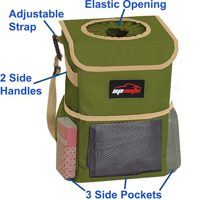 EPAuto Waterproof Car Trash Can with Lid and Storage Pockets, 2.5 Gallon Leakproof, Green