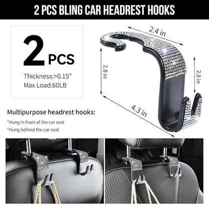 CAR PASS 23 PCS Bling Diamond Car Accessories Set for Women, Leather Car Seat Covers Full Set Sparkly Rhinestone15'' Steering Wheel Covers Shining Diamond Floor Mats Car Interior Sets, Multicolor