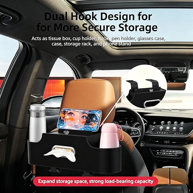 4-in-1 Back Seat Car Organizer, Adjustable Hooks, Universal Fit, with Cup Holder, Tissue Box & Storage, for Travel, Stores Phone, Snacks, Drinks, Handbags, Keeps Car Neat & Space-Saving (Beige)