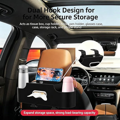 4-in-1 Back Seat Car Organizer, Adjustable Hooks, Universal Fit with Cup Holder, Tissue Box & Storage. For Travel, Stores Phone, Snacks, Drinks, Handbags, Keeps Car Neat & Space-Saving (Brown)