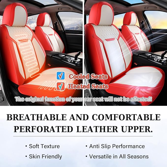 Coverado Seat Covers Full Set, Leather Car Seat Cover, Waterproof Car Seat Protector, Automotive Seat Covers Car Seat Cushion Universal Fit for Most Cars, Red&White
