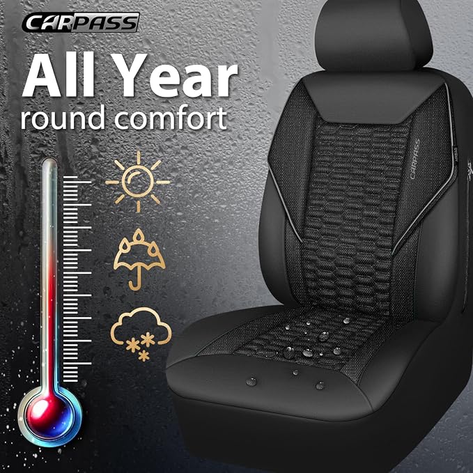 CAR PASS 3D Foam Linen Leather Car Seat Covers Front Seats,Piping Quilting Water Resistant Linen Front Seat Covers for Car,Universal Fit for SUV Truck Sedan Automotive,Armrest Airbag Compatible,Black