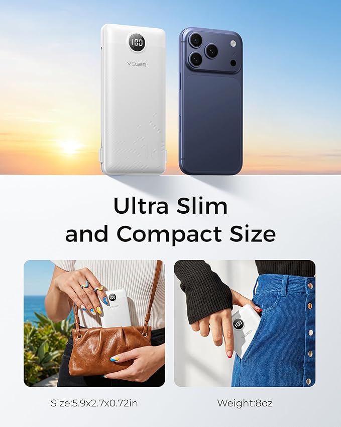 VEGER Portable Charger with Built-in AC Plug and Cables, All in One 10000mAh Ultra Slim Power Bank Travel Essentials, Fast Charging Battery Pack Compatible with iPhone, Samsung, Android, White
