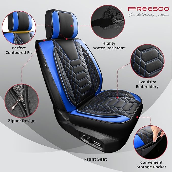 FREESOO Tundra Seat Covers 2026 2025 2024 2023 2022 Full Set, Fit for Toyota Tundra Crewmax Double Cab, Custom Truck Seat Covers with Waterproof Faux Leather BlackBlue