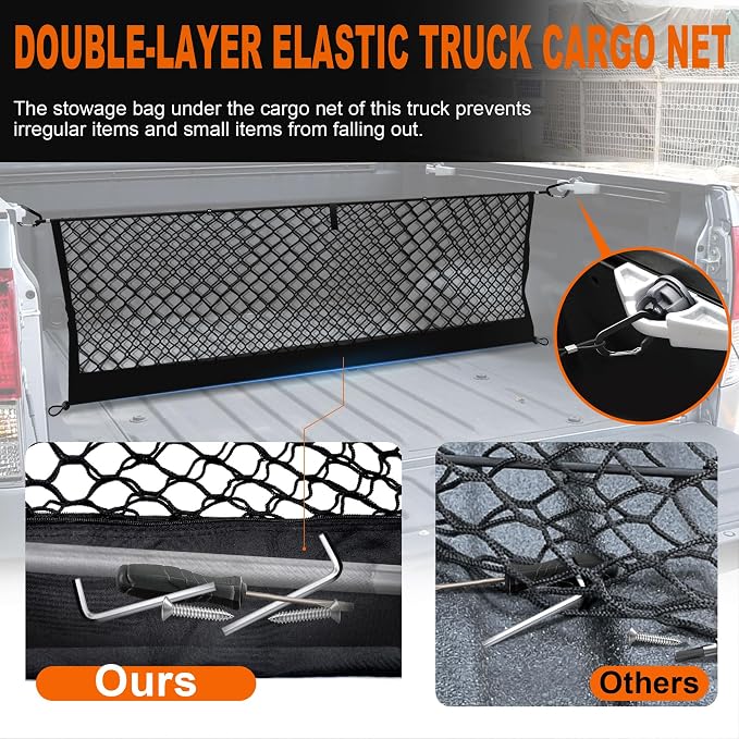 Envelope Style Truck Bed Cargo Net Compatible with Toyota Tundra 2007-2024 2025,Highly Elastic Truck Cargo Net for Tundra Accessories, Upgraded Storage Bag & Heavy Duty Carabiners