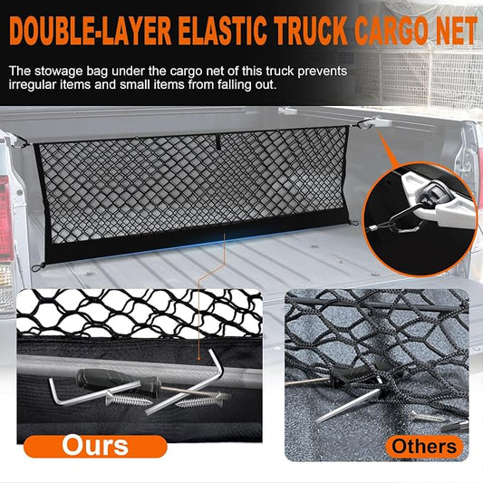 Envelope Style Truck Bed Cargo Net Compatible with Toyota Tundra 2007-2024 2025,Highly Elastic Truck Cargo Net for Tundra Accessories, Upgraded Storage Bag & Heavy Duty Carabiners