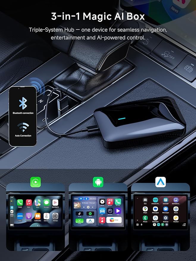 Wireless CarPlay Adapter, Magic AI Box with Dual-WiFi Stability Enjoy Video & Music Apps, Wireless CarPlay Box Compatible with Wired Factory CarPlay & Android Auto, Support for YouTube/Netflix