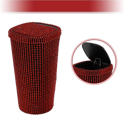 ACROPIX Car Trash Can Trash Bin Rhinestones Portable 3.5" Length 3.5" Width 6.3" Height Red Rhinestone Plastic