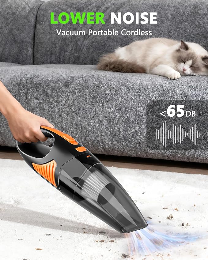 Handheld Vacuum Cordless, Rechargeable Car Vacuum Cleaner with Multiple Attachments, Portable Hand Held Vacuum Suction Power, Mini Vacuum for Car, Home, Pet Hair, Office, Desk, Keyboards Black Orange