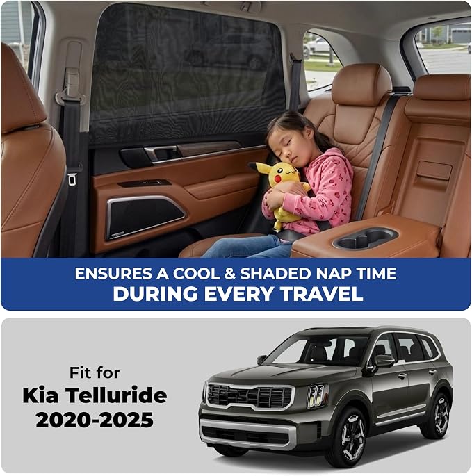 EcoNour Car Window Screen for Kia Telluride (2020-2025) 2 Pack | Breathable Mesh Camping Window Covers | 100% Protection from Bugs, Mosquito & UV | Baby Safe Privacy Blackout Net | Car Accessories