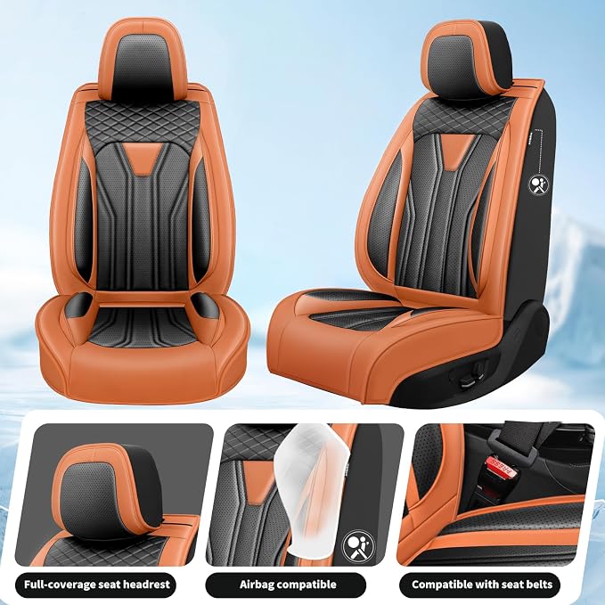 Fit Patriot Car Seat Covers for Jeep Patriot 5 Seats 2007-2016 2017 -Premium Leather, Waterproof & Breathable，All-Weather Seat Cushion Protecto & Airbag Compatible, 2 Front Seat Orange&Black