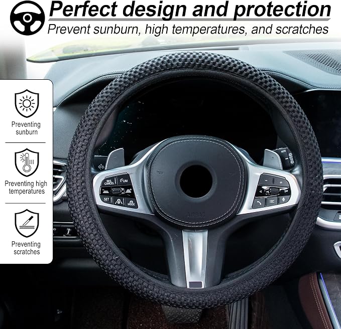 Alpmosn Elastic Stretch Steering Wheel Cover, Universal Interior Accessories Steering Wheel Cover for Women & Men, Breathable Microfiber Ice Silk, Anti-Slip, Odorless, Easy Carry(Black)