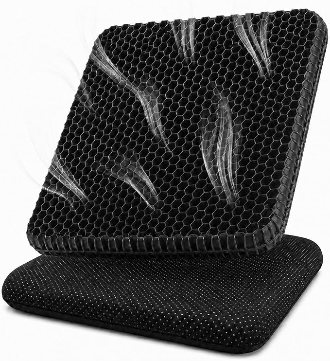 Gel Seat Cushion for Long Sitting – Double-Layer Honeycomb Cooling Chair Pad, Thick Supportive Gel Cushion with Breathable Non-Slip Cover for Office Chair, Car, Wheelchair & Long Sitting（Black）