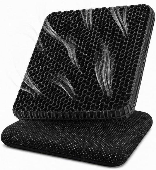 Gel Seat Cushion for Long Sitting – Double-Layer Honeycomb Cooling Chair Pad, Thick Supportive Gel Cushion with Breathable Non-Slip Cover for Office Chair, Car, Wheelchair & Long Sitting（Black）