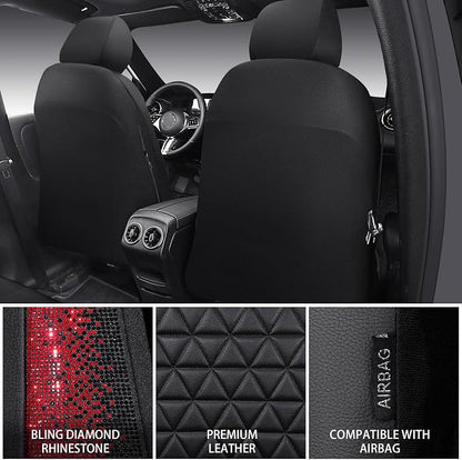 CAR PASS Bling Diamond Black Leather Car Seat Covers for 2 Front Interior Sets, Waterproof Shining Glitter Sparkly Crystal Universal Armrest Fit Automotive Truck SUV Cute Women Girl, Red Rhinestone