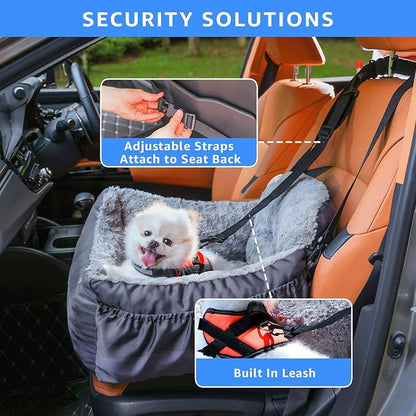Oiilores Dog Car Seat for Small Dogs, Washable Pet Booster Car Seats with Clip-On Safty Leash, Comfy Deluxe Plush Carseat with Storage Pockets, Puppy Travel Carrier Bed for Dogs Under 25 lbs, Grey