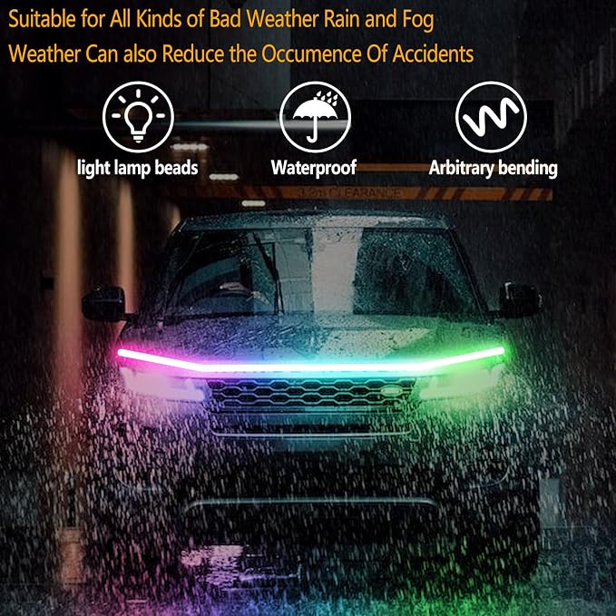 71 Inches RGB Multicolor Dynamic Scanning Starter Hood Lights, Car LED Hood Light Strip, Exterior Flexible Headlight Waterproof Daytime Running Lamps Strips (1 Set)