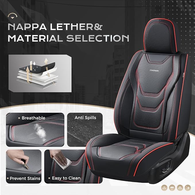 Coverado Car Seat Covers Full Sets, 5 Piece Car Seat Protector Waterproof Leather Seat Cushion Universal Fit for Truck Automotive Vehicles Black&Red