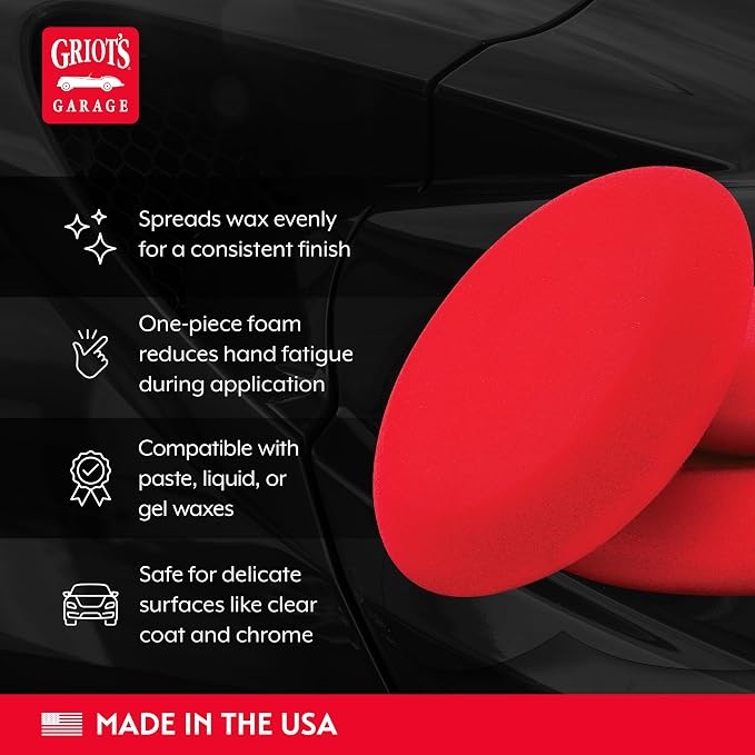 Griot's Garage Hand Wax Applicators, Foam Car Detailing Pads for Smooth Application of Waxes, Polishes, Dressing, Protectants, and More, Machine-Washable and Reusable, Red, Set of 3